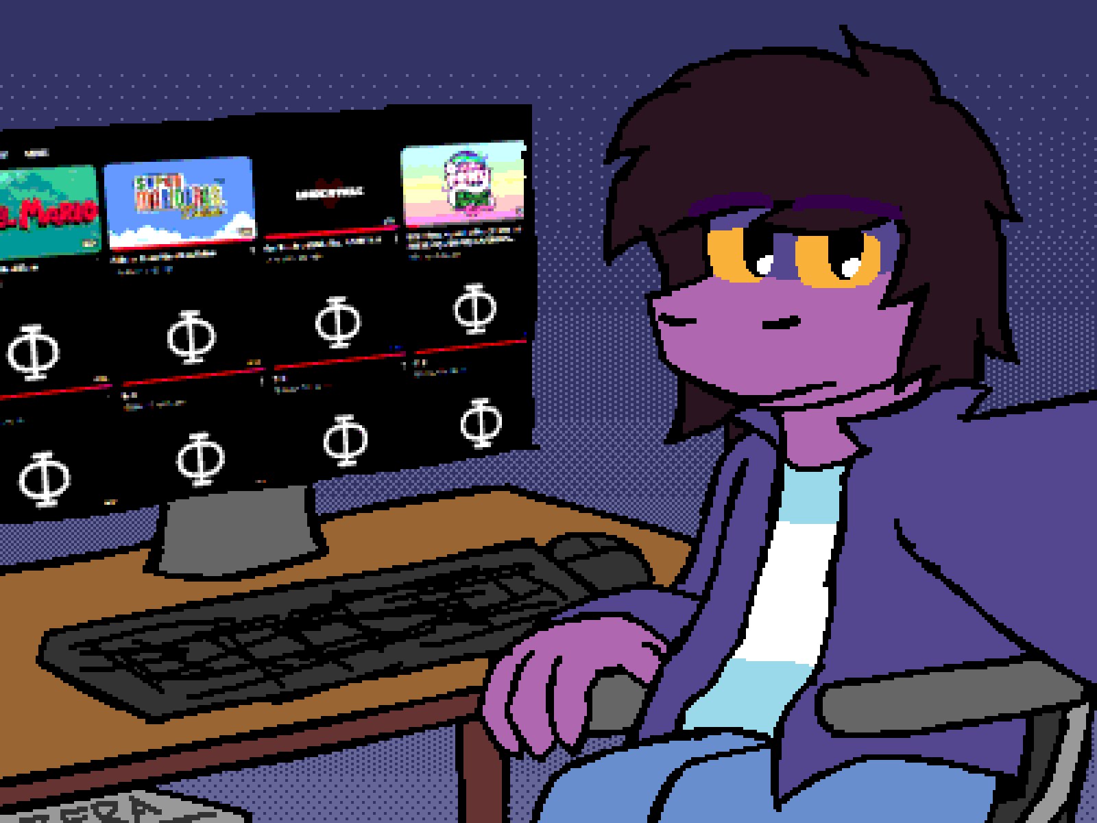 Susie holds a camera and points it towards her, sitting at a desk with a computer setup open to SonicKade2048's YouTube channel